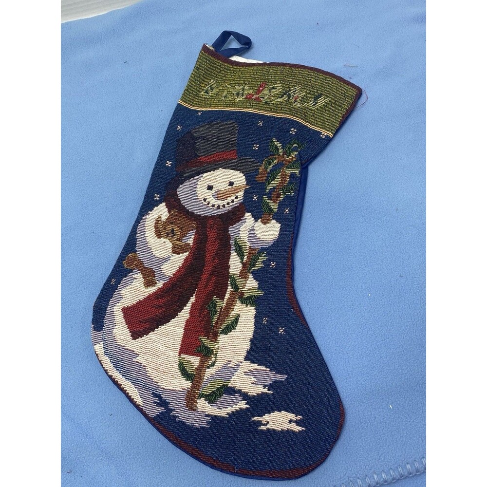 16" Needlepoint Snowman W Teddy Bear Christmas Stocking Hanging Greenbrier Int.